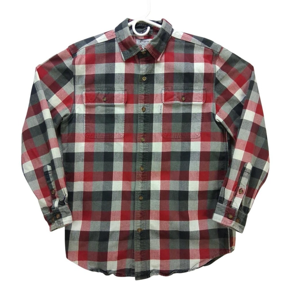 Carhartt Mens Plaid Flannel Long Sleeve Button Up Shirt Red Gray Black Size M